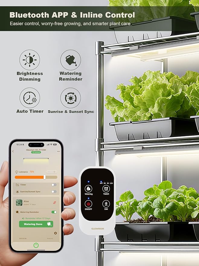GLOWRIUM Smart Grow Lights for Indoor Plants with APP, 15" Full Spectrum Grow Light Strips, G6 Plant Light Strip with auto Timer, 3 Angle dimming Levels for Plant Shelf, 2-Pack (Silver, 16W)