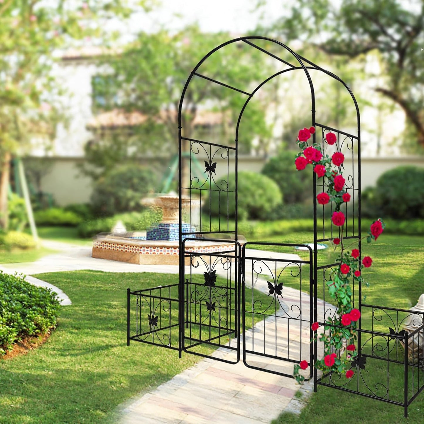 Metal Garden Arch with Gate and 2 Plant Stands, Garden Arch Trellis for Climbing Plants Outdoor, Garden Arbor for Weddings Party Events Decoration, 79.5" L X 20" W X 86.6" H, Black