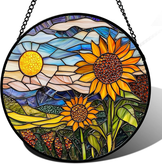 Stained Glass Suncatcher, Sunflower Flowers Landscape Sun Catcher Plant Mountains Stain Glass