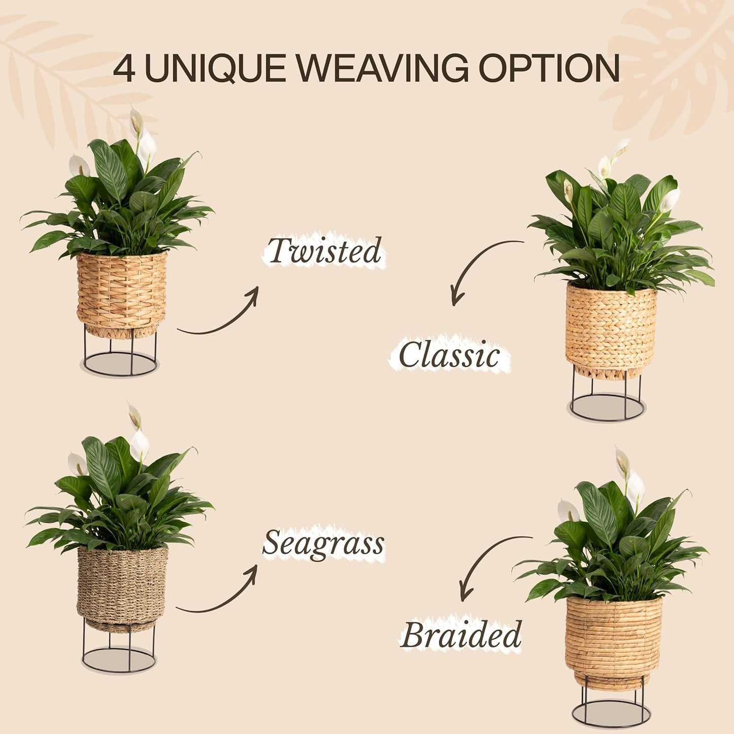 Set of 2 Water Hyacinth Planter Pot with Metal Stand - Indoor Plant, Flower, Succulent, Basket Planter, Decorative Pot Cover (Twisted)