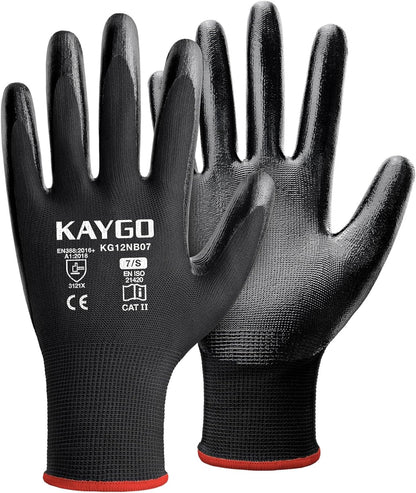 KAYGO Work Gloves Nitrile Coated, 12 Pairs KG12N, Seamless Knit, Protective Safety Work Gloves with Good Grip for General Work,Black,S
