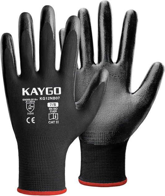 KAYGO Work Gloves Nitrile Coated, 12 Pairs KG12N, Seamless Knit, Protective Safety Work Gloves with Good Grip for General Work,Black,S