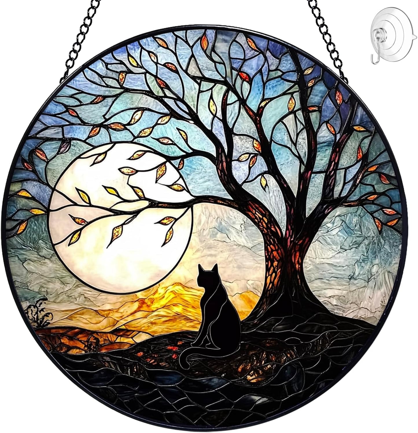 Halloween Decorations Black Cat Suncatcher Stained Glass Window Hanging - 8” Tree and Moon Stained Glass Suncatchers for Windows Decor Glass Panels - Sun Catchers Memorial Gift for Lover Cat Loss