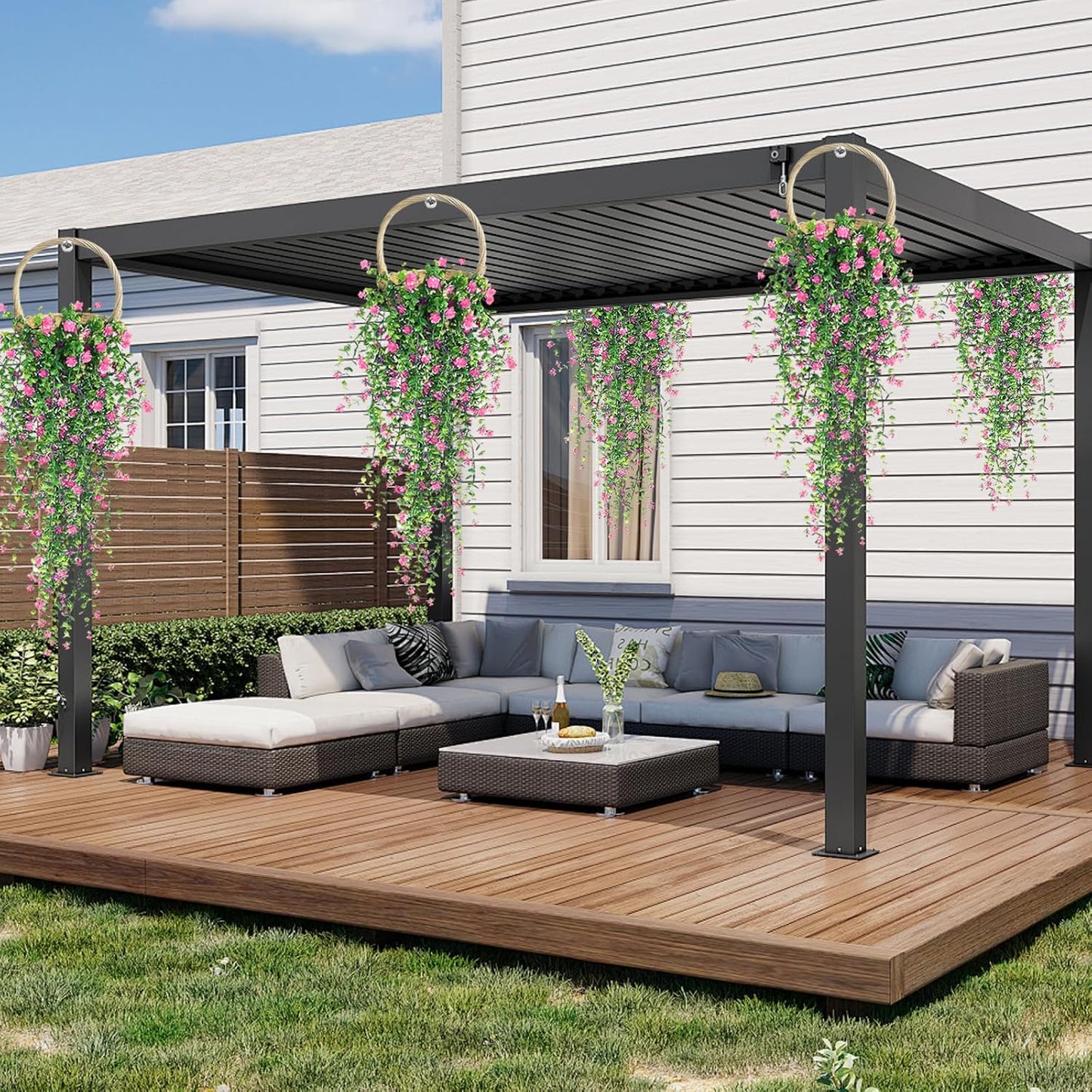 Artificial Hanging Flowers, 3 Pcs Fake Hanging Plants Artificial Vines for Outdoors, Fake Ivy Vine UV Resistant No Fade Faux Plants for Indoor Outside Garden Patio Yard Greenery Decoration (Pink)