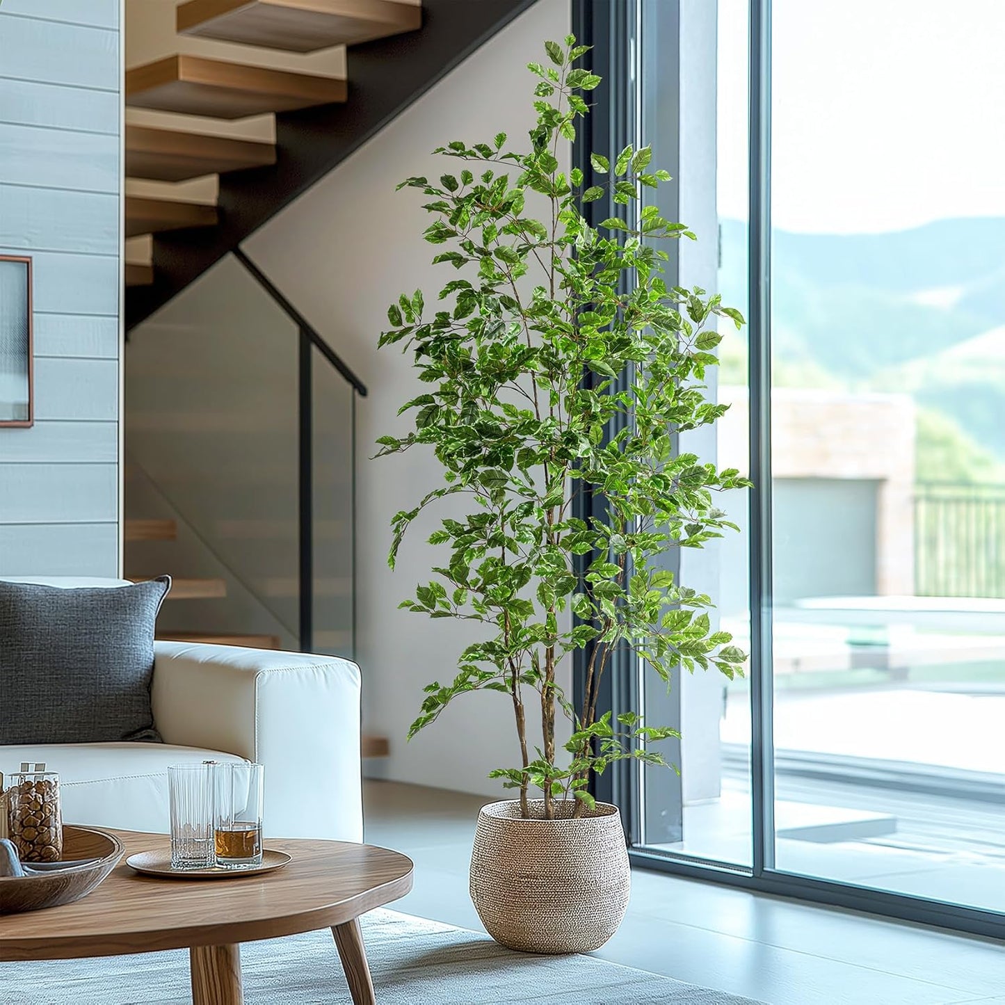 Artificial Ficus Tree Indoor 6ft, Large Potted Faux Tree with Realistic Silk Leaves & Trunk for Home Office, Living Room Corner Decor