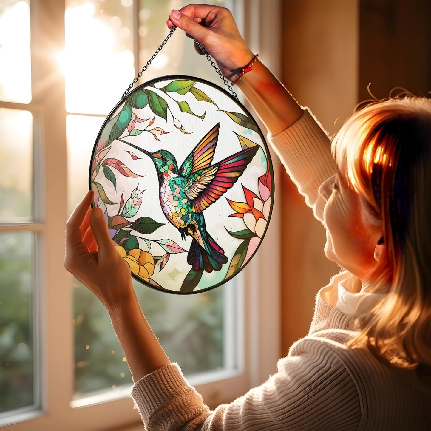 6" Hummingbird Stained Glass Suncatcher, Bird Handcrafted Suncatcher Window Hanging, Nature Floral Art Decor for Home Garden, Gift for Mom, Grandma, Women, Friend, Bird Lover P-SC-M114-SG6