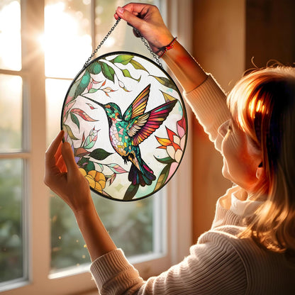 6" Hummingbird Stained Glass Suncatcher, Bird Handcrafted Suncatcher Window Hanging, Nature Floral Art Decor for Home Garden, Gift for Mom, Grandma, Women, Friend, Bird Lover P-SC-M114-SG6