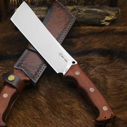 BA-KOR 14-inch full Tang 8mm thick DC53 steel-wood handle brass rivet reinforced one-piece knife + leather sheath - hunting, camping, survival, slicing, bone-cutting knife EDC, BBQ