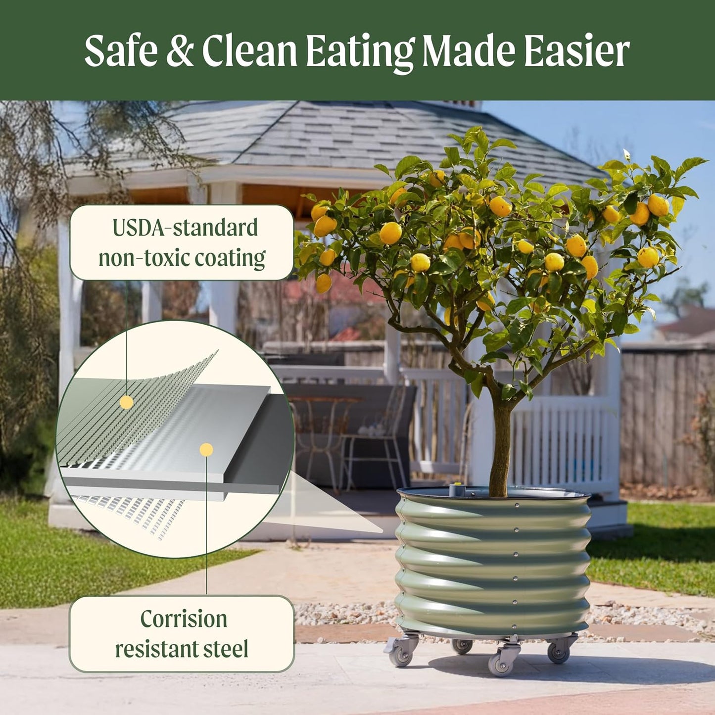 Rolling Metal Citrus Tree Planter, Self-Watering Round Planter Box for Porch Patio & Backyard, Raised Garden Bed with Wheels for Growing Trees Tomatoes Vegetables and Flowers, Single Pack-Modern Gray