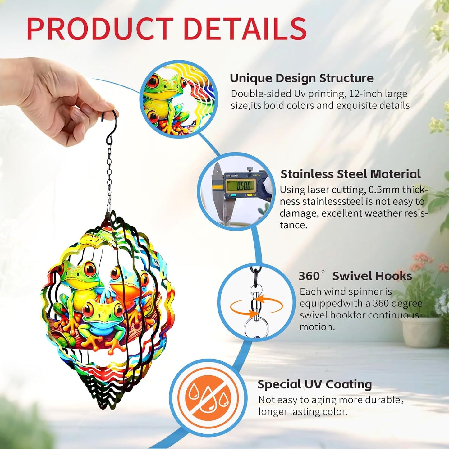 Frog Wind Spinners Outdoor,12 inch 3D Hanging Wind Spinner Garden Decor Gifts for Women/Men,Metal Wind Kinetic Sculpture Decorations for Patio,Yard Art,Porch,Yard,Deck
