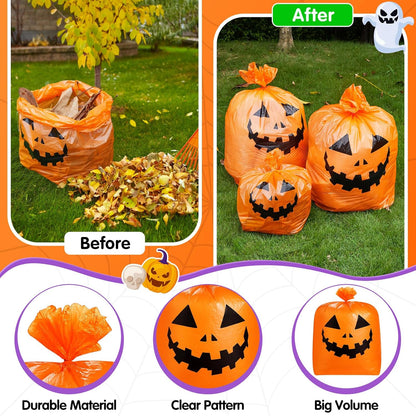 Qilery 24 Pcs Halloween Leaf Lawn Bags Plastic Pumpkin Trash Bags for Leaves with Twist Ties for Halloween Yard Garden Outdoor Party Favors Decorations