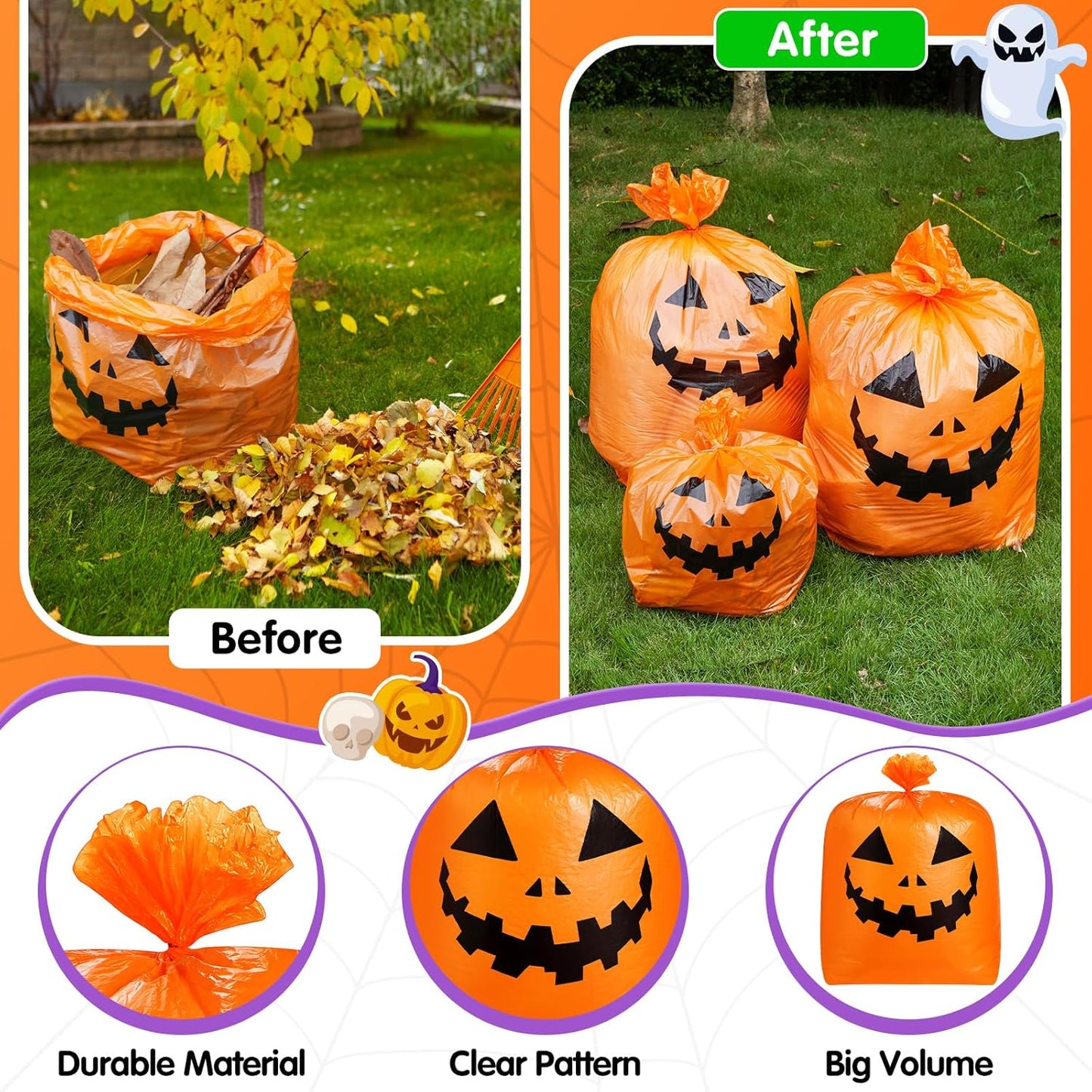 Qilery 18 Pcs Halloween Leaf Lawn Bags Plastic Pumpkin Trash Bags for Leaves with Twist Ties for Halloween Yard Garden Outdoor Party Favors Decorations