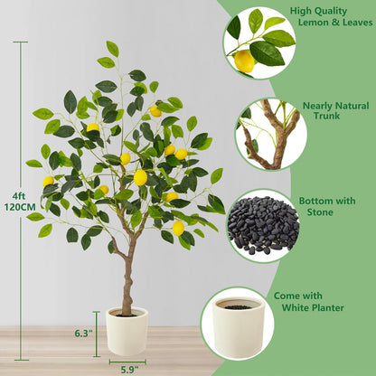 Artificial Lemon Tree, 4ft Tall Fake Lemon Silk Plant with White Planter, Faux Lemon Plastic Fruit Tree for Indoor Home Decor Office Living Room