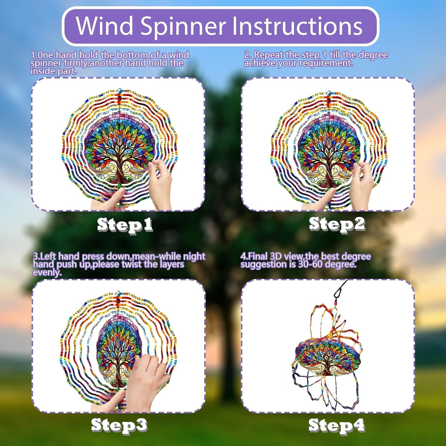 Tree of Life Wind Spinner 3D Stainless Steel Hanging Wind Spinners 10 Inch Stained Glass Style Multi-Color Kinetic Decor for Indoor and Outdoor Spaces Christmas