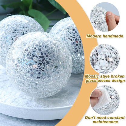 Mosaic Glass Balls 3.35 Inch Decorative Orbs Ball Decor Crack Solid Sphere Mirror for centerpieces Table Bowl Home Christmas Ornaments Silver Set of 3