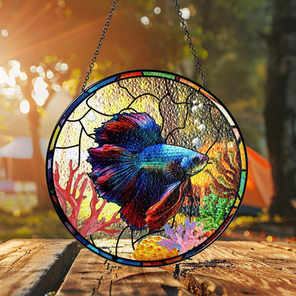 Personalized Betta Fish Stained Glass Suncatchers Art Glass Tropical Fishes for Sun Catcher Indoor Window Gifts for Pet Animal Nature Floral Aquatic Sea Ocean Lovers Painted Glass Panel Décor