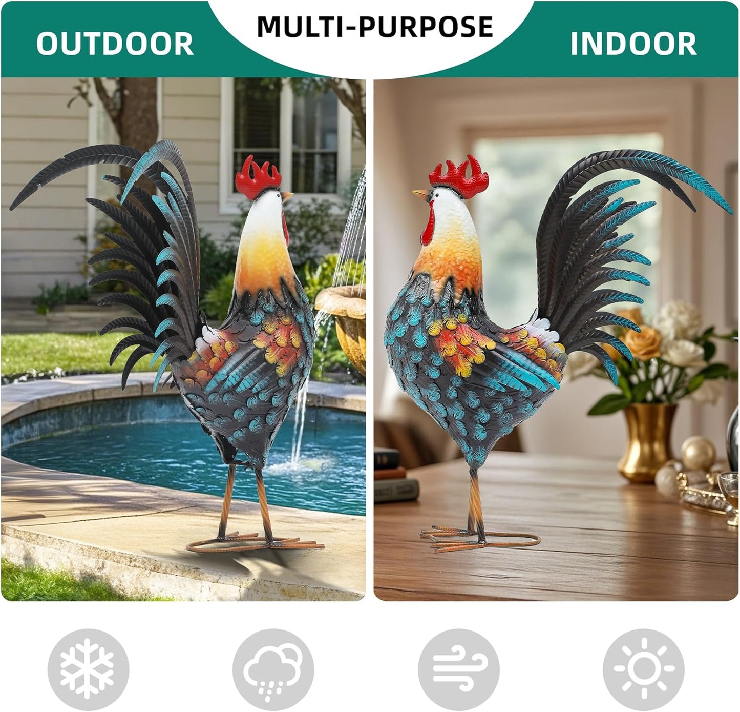 32" Metal Rooster Decor, Outdoor Garden Statues, Metal Chicken Sculpture for Backyard Patio Kitchen Decor