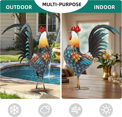 32" Metal Rooster Decor, Outdoor Garden Statues, Metal Chicken Sculpture for Backyard Patio Kitchen Decor