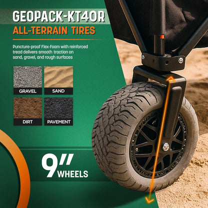Folding Beach Wagon with Big All-Terrain Wheels for Off-Road Use (Sand/Gravel/Camping Trails) Extra Large Utility Cart with 9" Heavy-Duty Rubber Tires [Outland-XL by Stratton Forge] Black