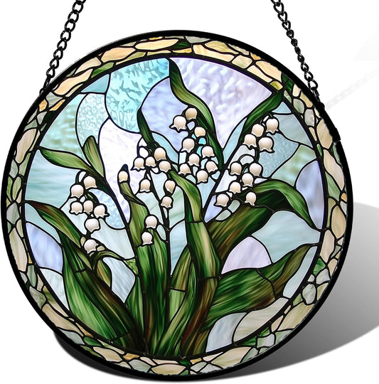 Stained Glass Window Hanging, White Green Lily of The Walley Flowers Sun Catcher for Door Home