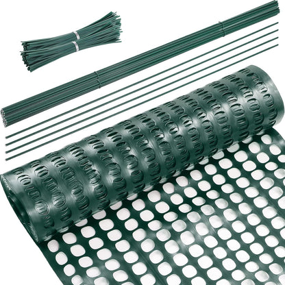 Plastic Garden Fencing Roll Safety Construction Barrier Outdoor Snow Mesh Fence Garden Netting, 1.2 Inch Mesh, Coated Iron Wire Support Stakes, Cable Ties for Garden (Green,2 x 100 Feet)