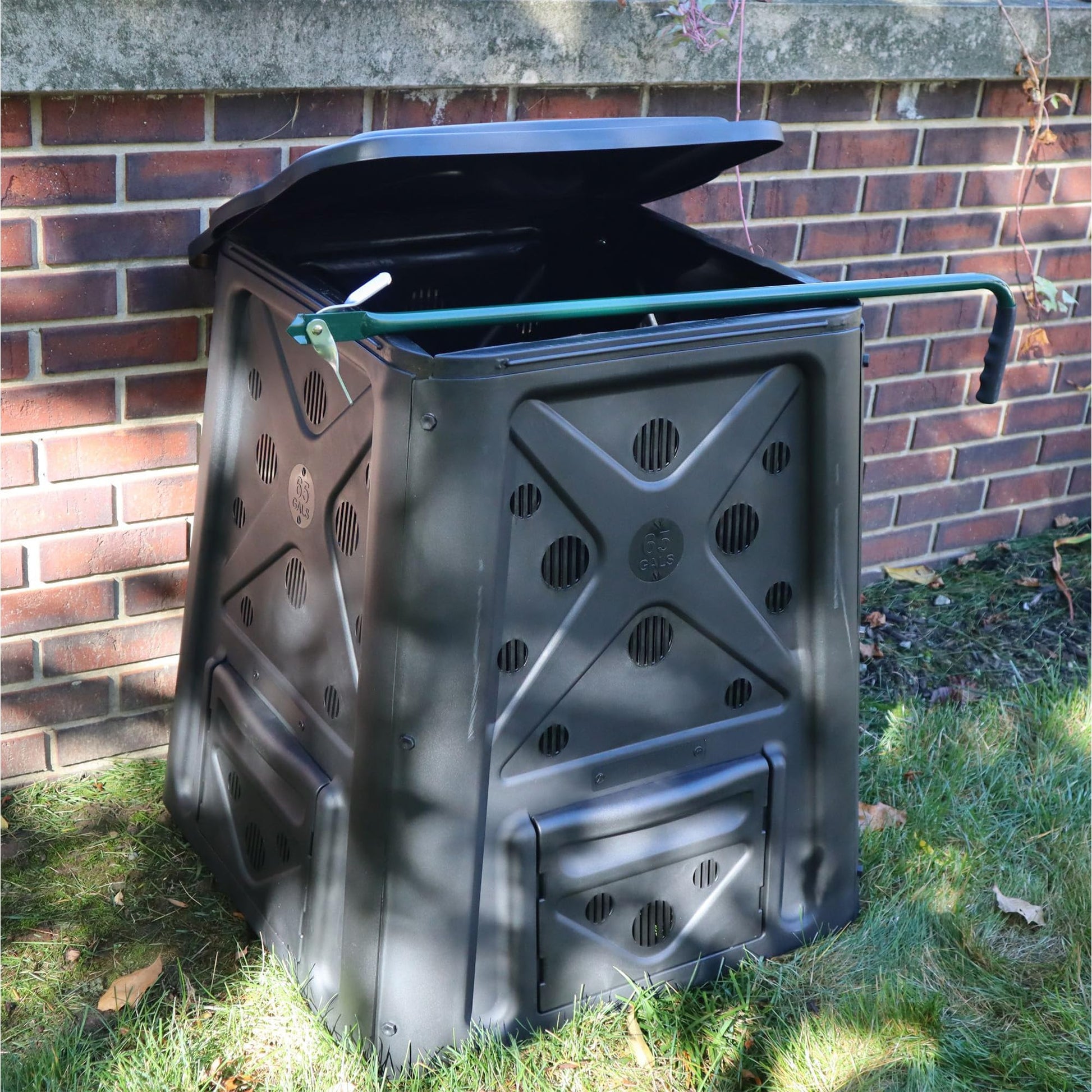 Redmon Outdoor Compost Bin with Lift Off Lid, 4-Door Access & Vent Holes, 65 Gallon, Black