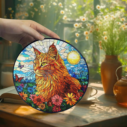 Orange Cat Stained Glass Suncatcher - Orange Cat Lovers Gifts Window Hanging Garden Decor, Memorial Pet Loss Sympathy Ornament, Christmas, Birthday, for Grandma, Friends, Mom, Women