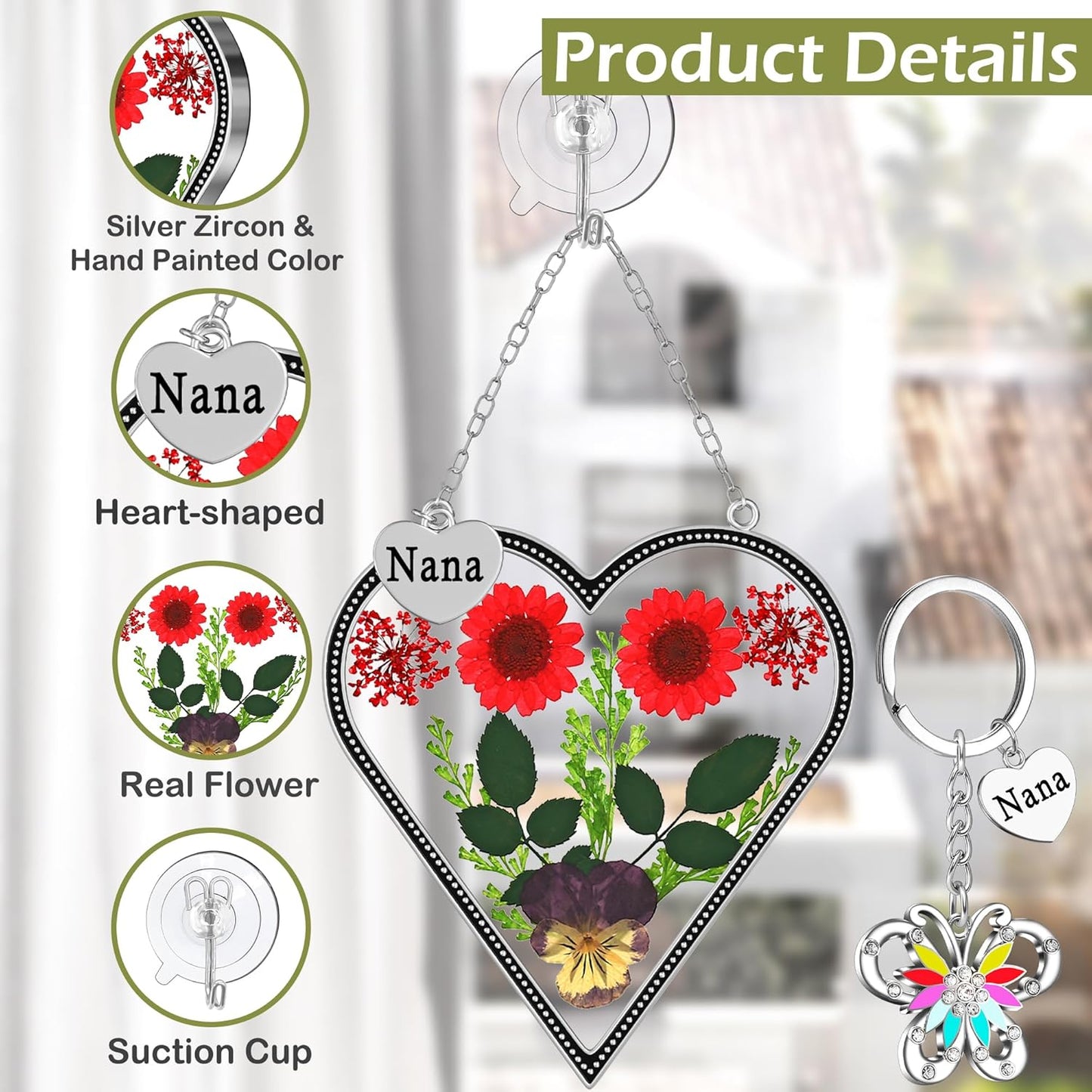 KY&BOSAM Heart Suncatcher Nana Gift for Nana Stain Glass Wind Chime for Window Pressed Flower Between Heart Glass Metal Engraved Charm Gift for Mother's Day Valentine's Birthday Thanksgiving Christmas