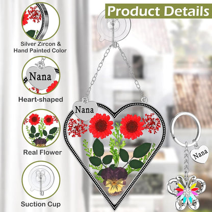 KY&BOSAM Heart Suncatcher Nana Gift for Nana Stain Glass Wind Chime for Window Pressed Flower Between Heart Glass Metal Engraved Charm Gift for Mother's Day Valentine's Birthday Thanksgiving Christmas