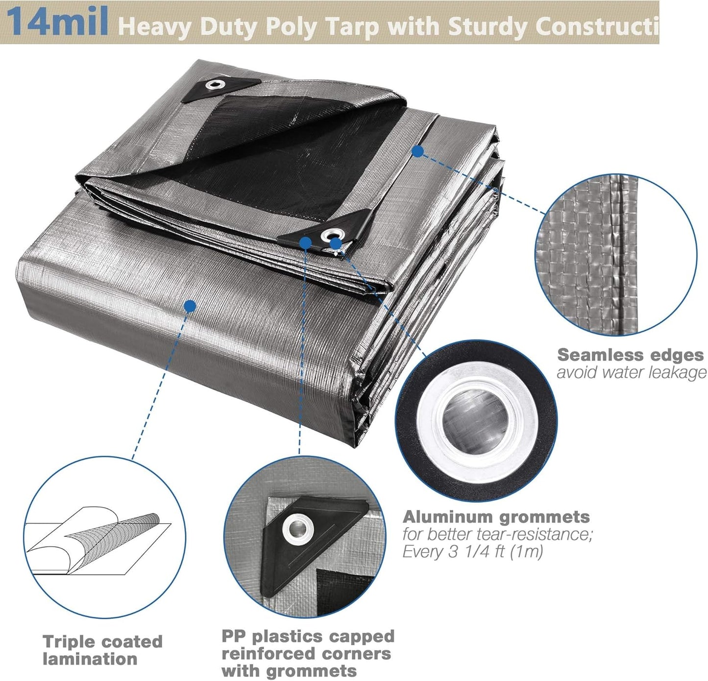 Yescom 20x30FT 14 Mil Heavy Duty Reinforced Poly Tarp Reversible Waterproof Tarpaulin Ground Sheet Cover Reversible Silver Black Tarps