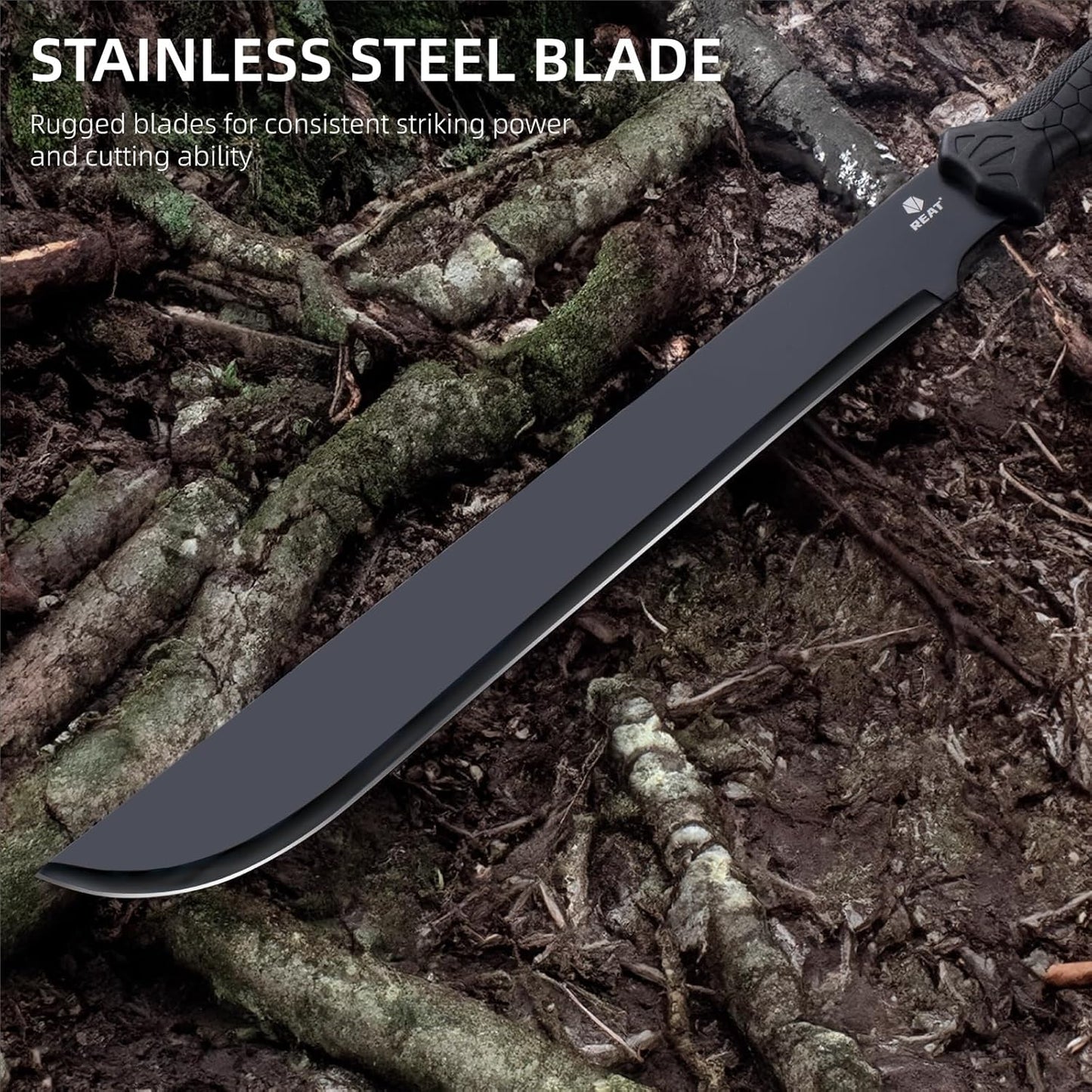 REAT Machete Heavy Duty with Sheath,24-inch Full Tang 420 Stainless Steel Blade,Non-silp Rubber Handle for Yard Work, Cutting Trees,Camping,Outdoor (Black)