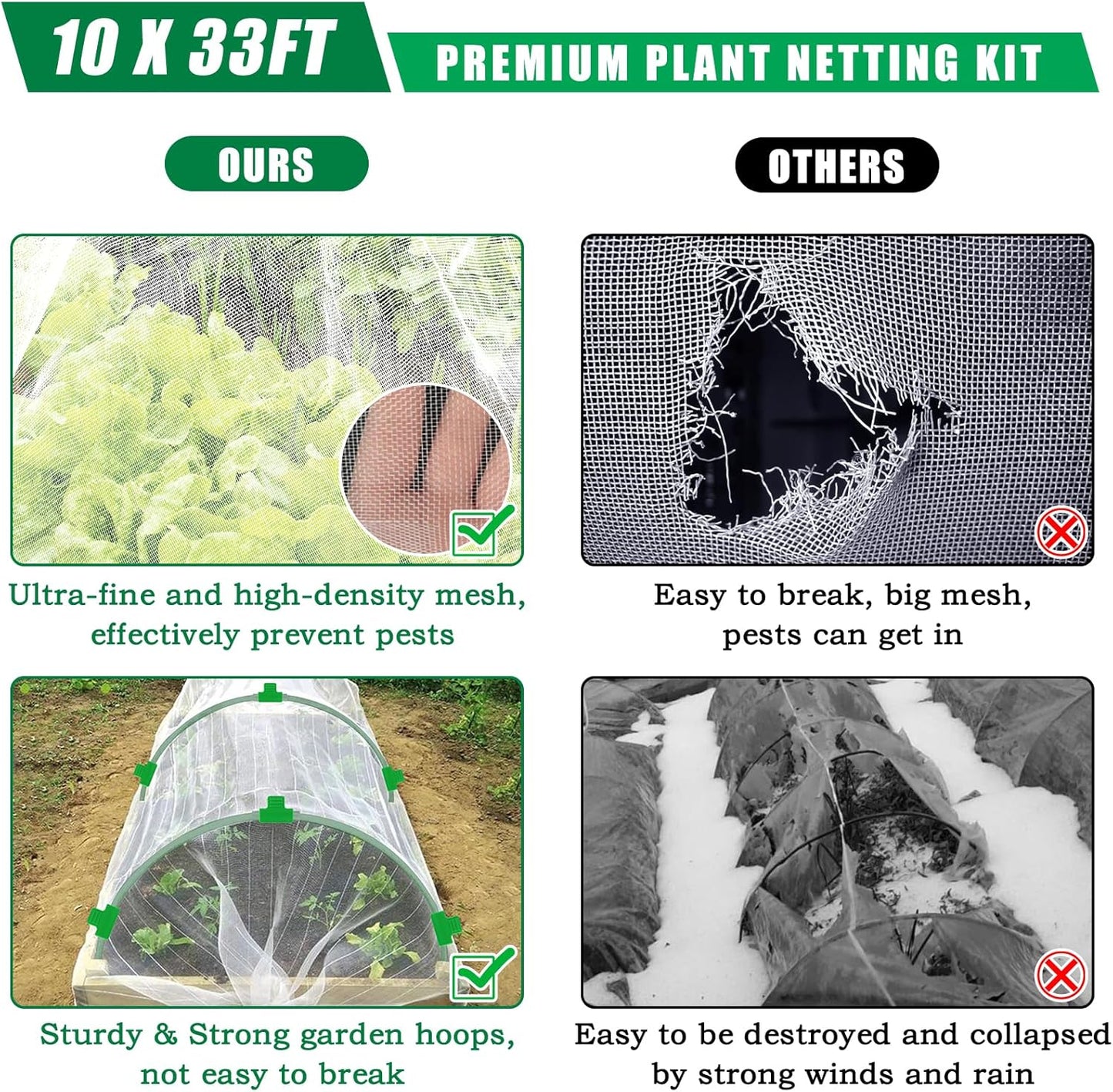 10 X 50 FT Garden Mesh Netting Kit Pest Barrier for Raised Beds, Fruit Tree Netting with 10 Sets Garden Hoops & 20 Clips for Cicadas Bird Insect, Blueberry Bush Netting Cover for Garden Protection