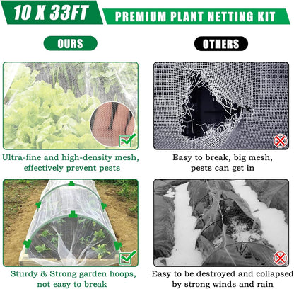 10 X 50 FT Garden Mesh Netting Kit Pest Barrier for Raised Beds, Fruit Tree Netting with 10 Sets Garden Hoops & 20 Clips for Cicadas Bird Insect, Blueberry Bush Netting Cover for Garden Protection