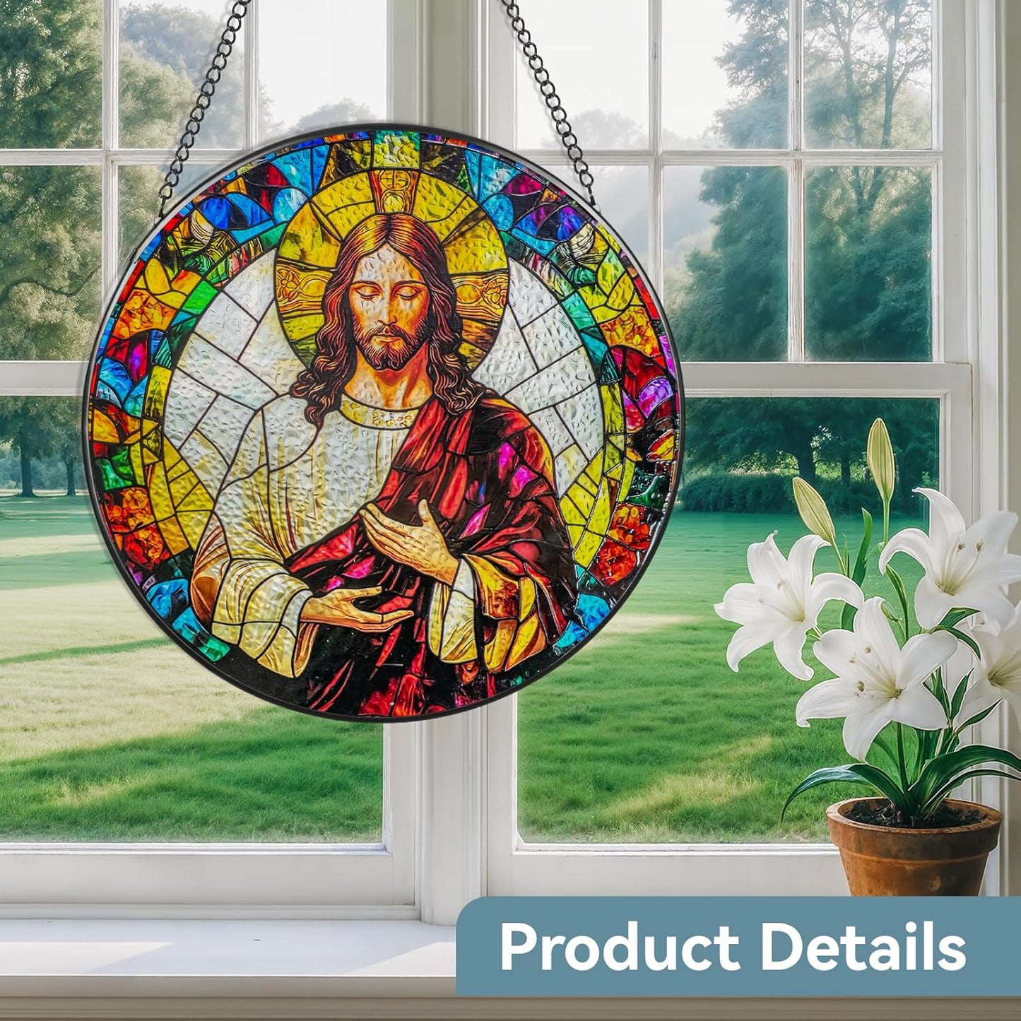 Suncatcher Stained Glass Window Hanging - Jesus Christ Glass Panel with Metal Chain and Hooks Handmade Sun Catcher Decoration for Window Garden Home Christmas & Birthday Gifts (8 Inch)