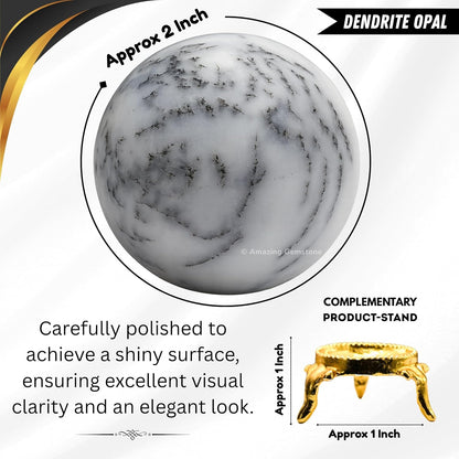 Amazing Gemstone Dendrite Opal Crystal Ball with Stand - 2 Inches Crystal Sphere Meditation Balls for Witchcraft and Decorative Balls