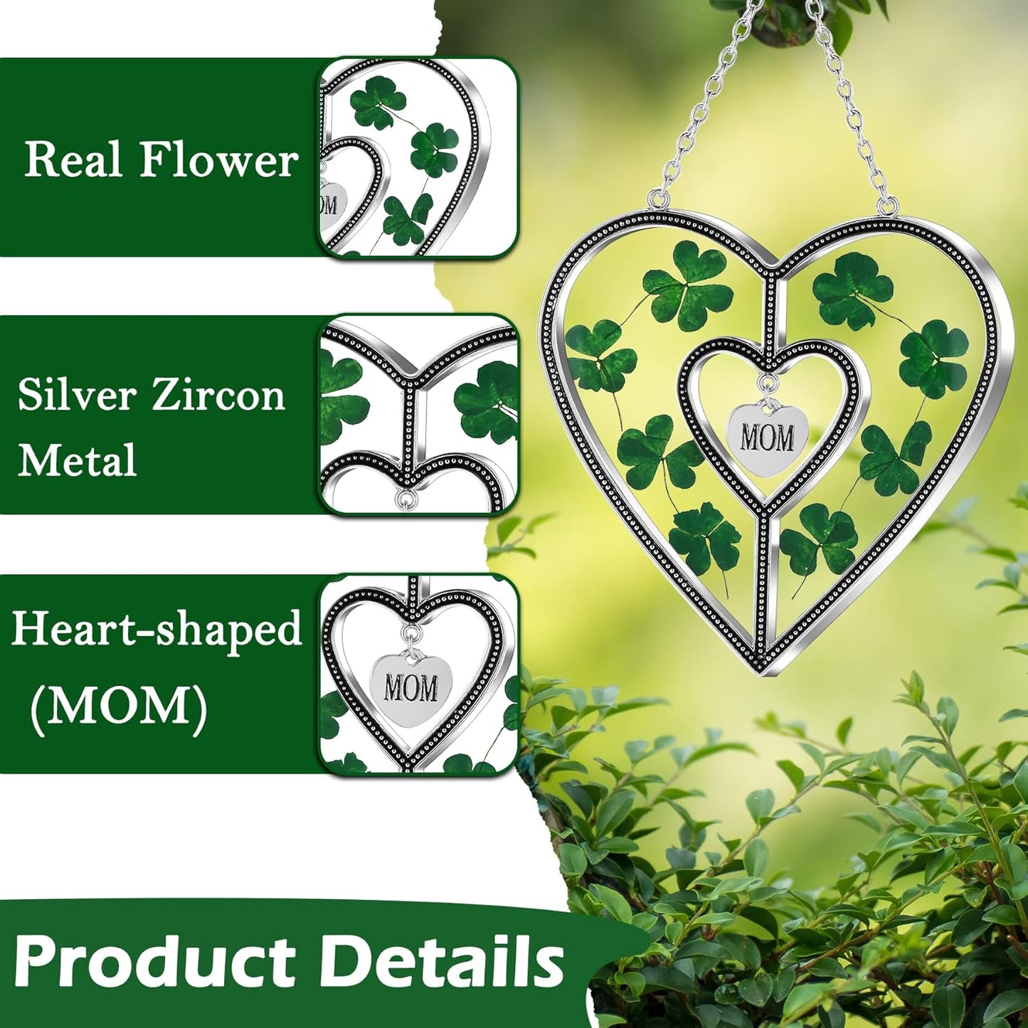 KY&Bosam Irish Shamrock Heart Suncatcher Mom Gifts Glass Suncatchers for Windows hangings Wind Chime Ornament with Pressed Flower Heart Gift for Women St Patrick's Day Decoration Irish