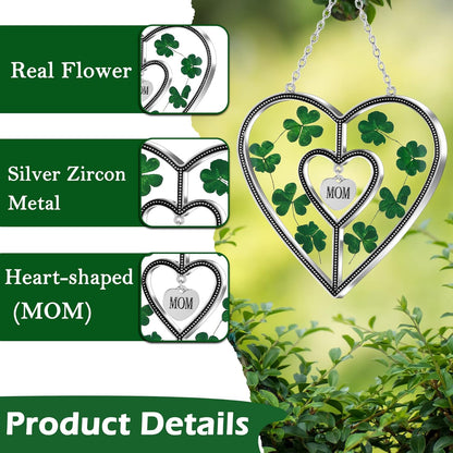 KY&Bosam Irish Shamrock Heart Suncatcher Mom Gifts Glass Suncatchers for Windows hangings Wind Chime Ornament with Pressed Flower Heart Gift for Women St Patrick's Day Decoration Irish