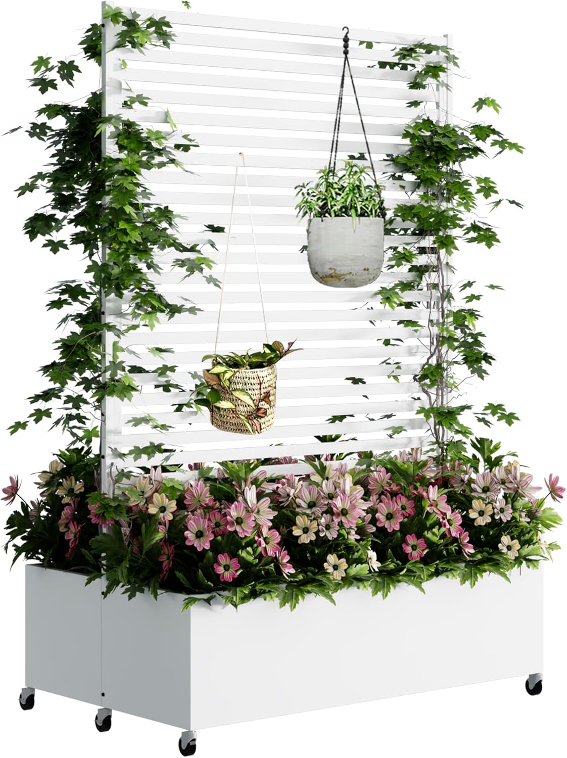 Double Metal Planter Box with Trellis Privacy Screen, Raised Garden Bed with Trellis & Wheels, Planter Box Outdoor with Drainage Holes for Climbing Plants, Vegetable, Vines,73"x 47"x 30", White