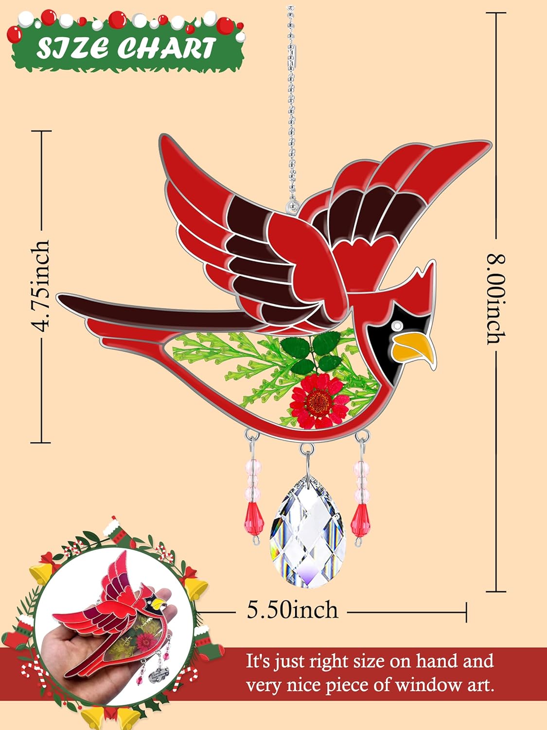 KY&BOSAM Cardinal Suncatcher Mom Gift Glass Had Painted Glass Suncatcher Windows Hanging Ornament Pressed Real Flower and Crystal Charm for Women Mom Birthday Christmas Decor