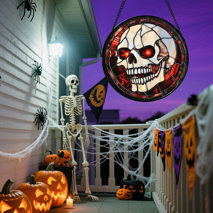 Stained Glass Window Hanging - Halloween Decorations White Skeleton Suncatcher for Doors Garden Indoor Spooky Funny Red Sun Catchers Gothic Decor Horror Gifts for Women Men Friend 15 in
