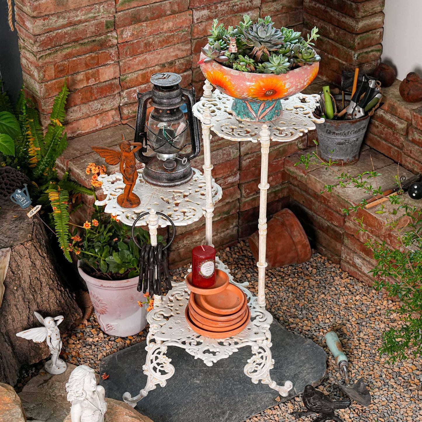 Sungmor Vintage Cast Iron 3-Tier Plant Stand, Elegant Butterfly & Floral Design with Antique White Finish, 28 Inch Tall Rustic Flower Pot Holder, Heavy Duty Metal Display Shelf for Indoor and Outdoor