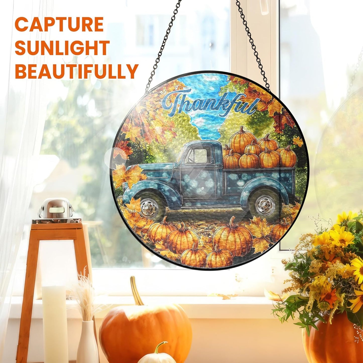 FLAGWIX Fall Decorations for Home - Tractor Stained Glass Window Hanging 8in - Sun Catchers Indoor Window, Fall Gifts for Women Men, Thanksgiving Decorations Suncatcher, Thanksgiving Gifts for Mom Dad