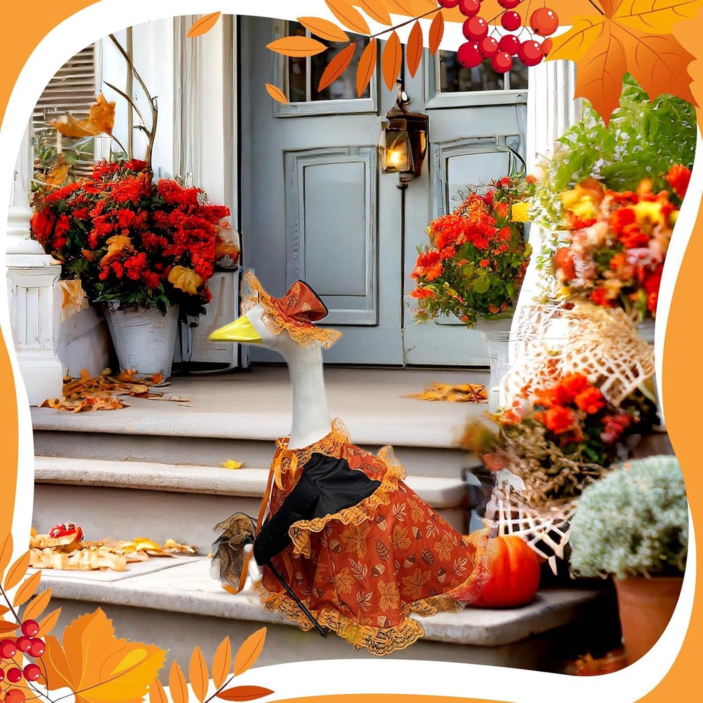 Fall Porch Goose Outfit Set for 23'' Plastic Statue Lawn Porch Goose Clothes with Autumn Maple Leaf Skirt Hat Broom Costume for Indoor Outdoor Patio Yard Lawn Art Decor