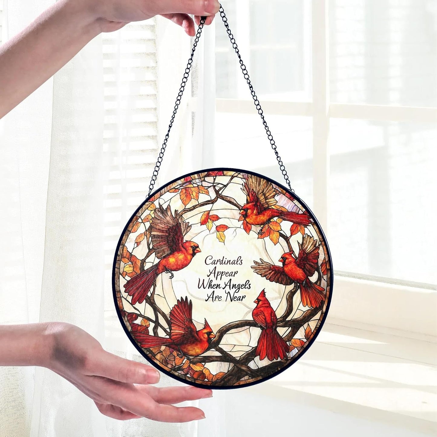 Cardinal Suncatcher Stained Glass Window Hanging Decor, Cardinal Remembrance Gifts, Cardinals Memorial Gifts for Loss of Loved One, Women Grandma Mom, Mothers Day Birthday Christmas Bird Lovers Gift