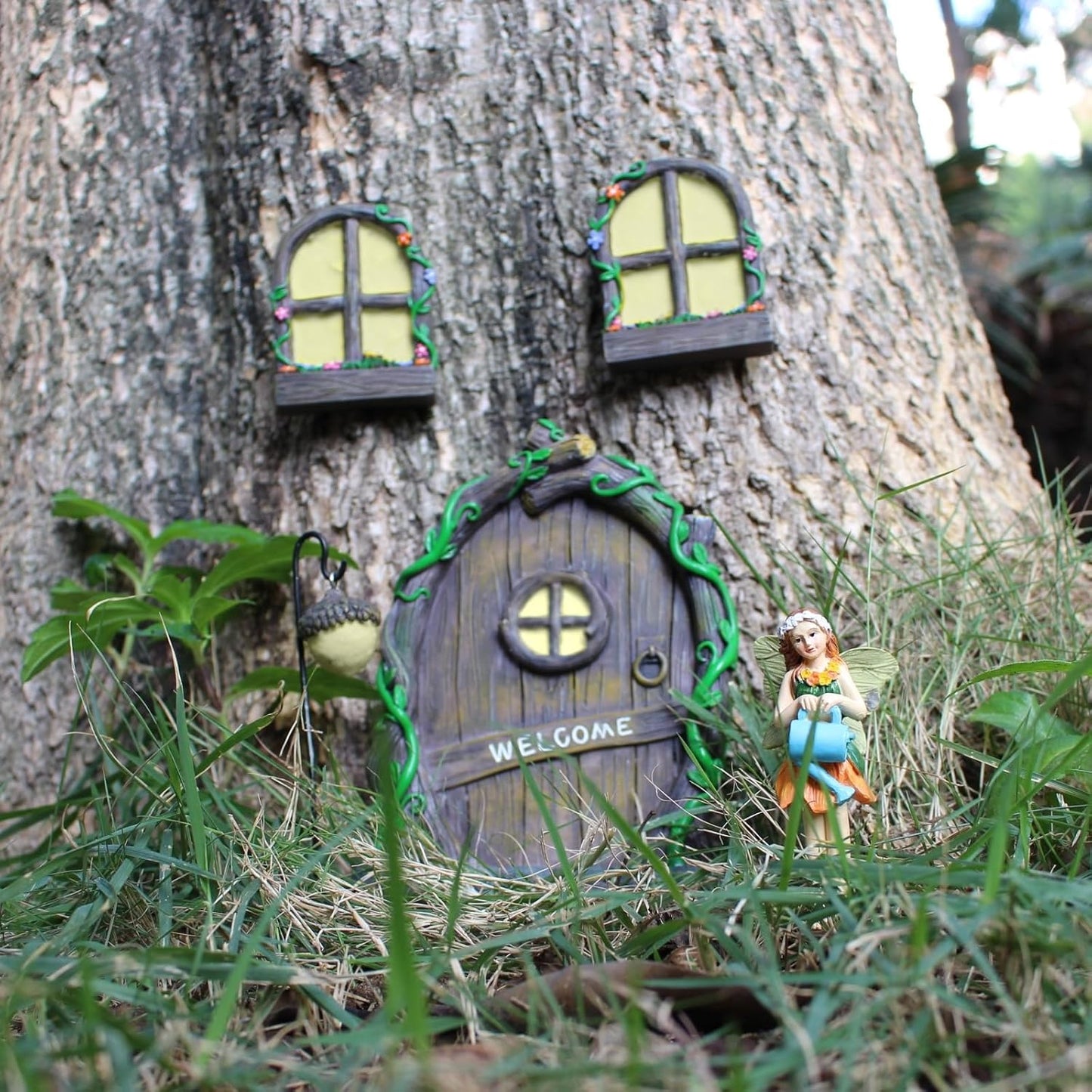 Fairy Door and Windows Garden Kit Accessories Outdoor, Glow in Dark Gnome House for Tree, Lawn Yard Art Sculpture, Miniature Garden Decor (Gnome)