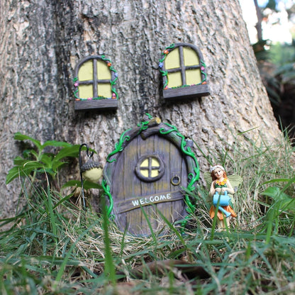 Fairy Door and Windows Garden Kit Accessories Outdoor, Glow in Dark Gnome House for Tree, Lawn Yard Art Sculpture, Miniature Garden Decor (Gnome)