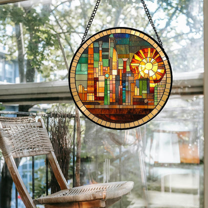 Stained Glass Window Hanging Colorful Cityscape Golden Sun Large 15" - Suncatcher Door Garden Sun Catcher Home Decor Birthday Christmas for Mom Men Woman Nana Friend