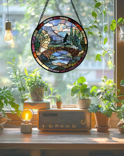 Stained Glass Window Hanging, Blue Landscape Arch Bridge Sun Catcher for Door Home Decor Suncatcher Christmas Mother's Day Birthday Gifts for Women Men Mom and Nana 7.8 in