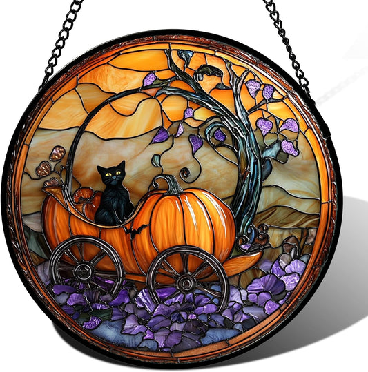 Stained Glass Window Hanging - Halloween Pumpkin Carriage Black Cat Suncatcher for Doors Window