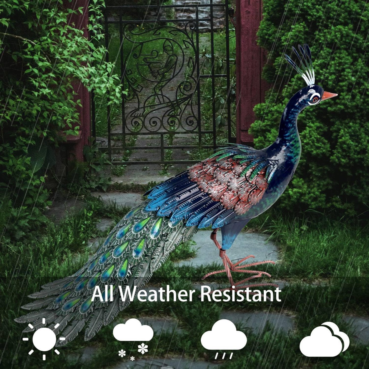 Kircust Metal Peacock Statue for Outdoor Decor - 24" L Elegant Peacock Sculpture for Garden, Patio, Yard, or Home - Weatherproof & Handcrafted Peacock Art